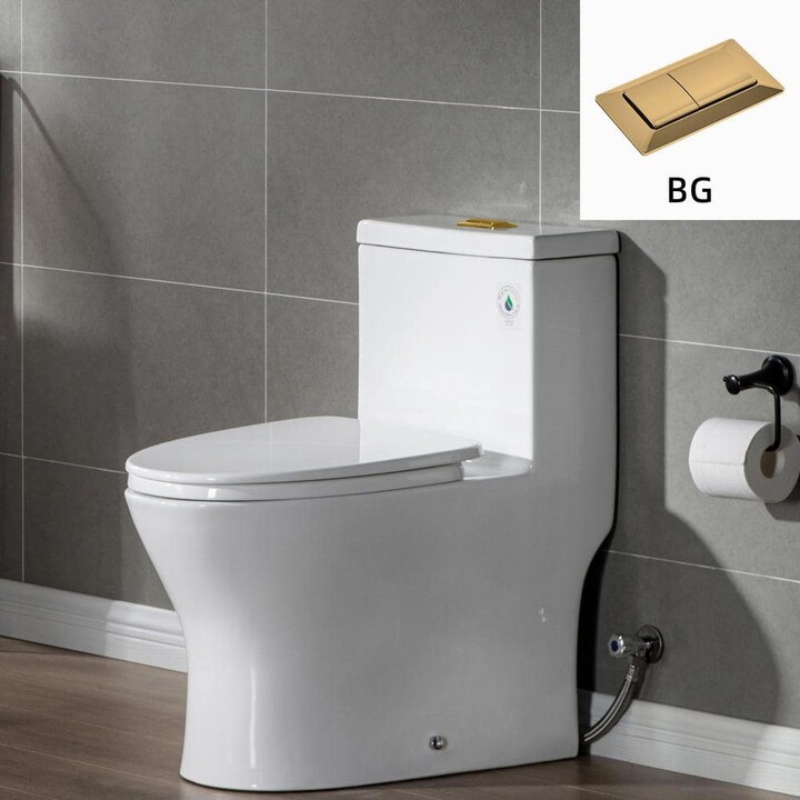 WOODBRIDGE Elite 1-Piece 1.1/ 1.6 GPF Dual Flush Elongated Toilet in White with Seat Included and Brushed Gold Button