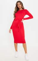Thumbnail for your product : PrettyLittleThing Red Tie Waist Long Sleeve Midi Dress