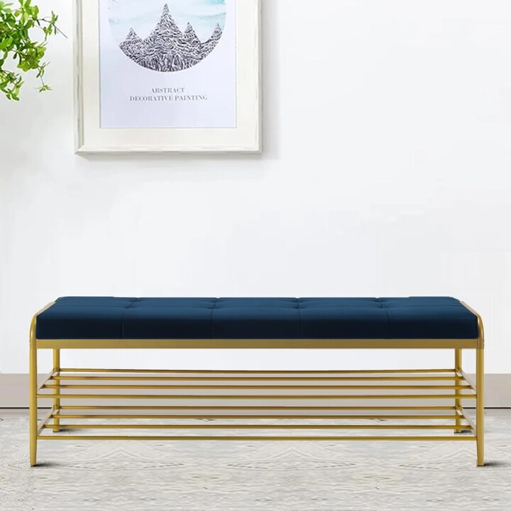 End of Bed Bench, Velvet Tufted Upholstered Bedroom Bench