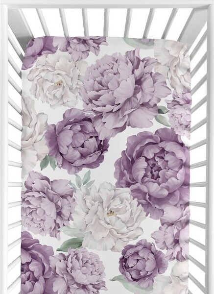 Sweet Jojo Designs SweetJojoDesignsGirlBabyFittedCribSheetPeonyFloralGardenPurpleIvory