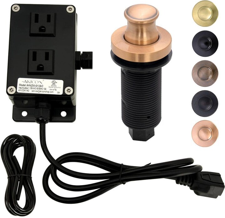 Akicon Garbage Disposal Air Switch Kit, Dual Outlet, Solid Brass Button, Copper Long Button Air Switch - AK79002B