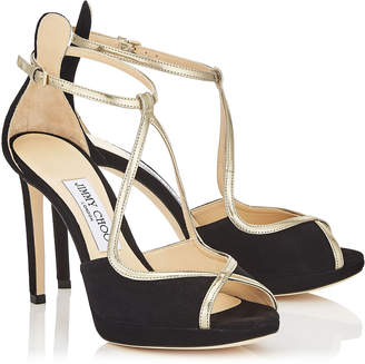 Jimmy Choo FAWNE 100 Black Suede and Champagne Liquid Mirror Leather Sandals