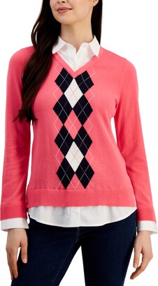 Tommy Hilfiger Women's Cotton Argyle-Print Layered-Look Sweater - ShopStyle
