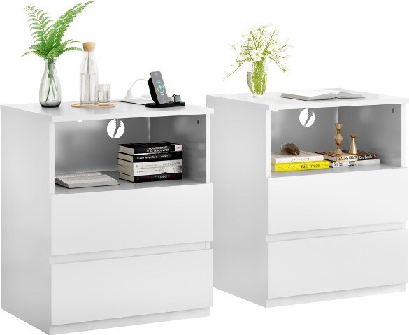 FONTOIEndTableTwoDrawerEndTableModernWoodStorageCabinetStylishAccentFurnitureforLivingRoomBedroom,White,19.68\