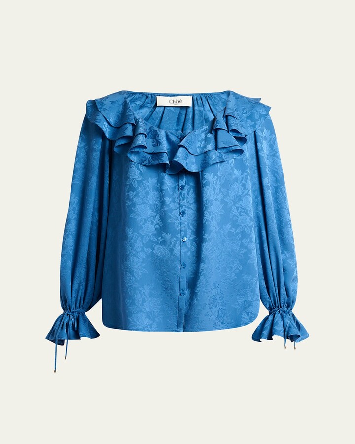 Chloé Floral Silk Jacquard Ruffle Top