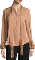 Thumbnail for your product : Kobi Halperin Tara Fringed Tie-Neck Stretch-Silk Blouse, Copper