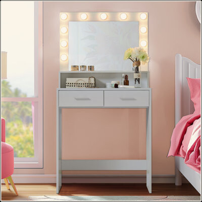 Vanity Desk With Mirror And Lights, Dressing Table With Large Drawer, 2 Level Storage Dresser & 3 Lighting Modes Adjustable Brightness, Suitable For B