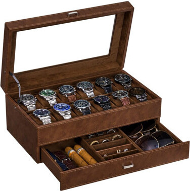 Hokku Designs Watch Box For Men Luxury Watch Organizer Faux Leather Watch Case With Jewelry Drawer Real Glass Top Metal Hinge Brown