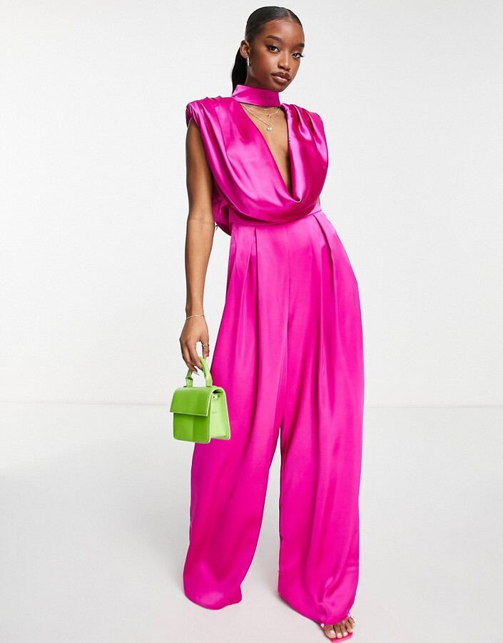 ASOS Luxe satin jumpsuit with shoulder pads and cowl neck in pink -  ShopStyle