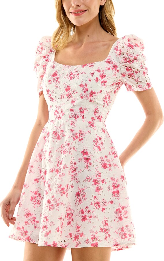 City Studios Floral-Print Puff-Sleeve Eyelet Dress - ShopStyle