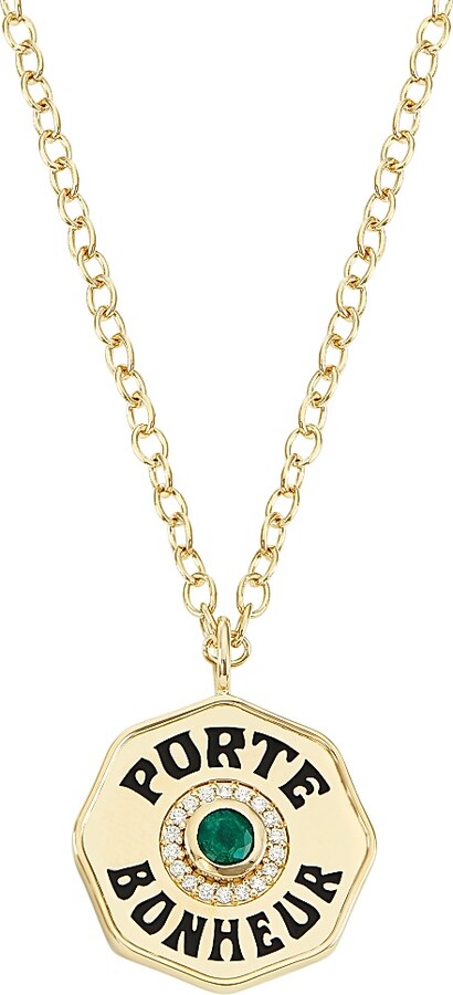 Women's Je Porte Bonheur Large 14K Yellow Gold, Enamel, Emerald & 0.31 TCW Diamond Pendant Necklace - Emerald