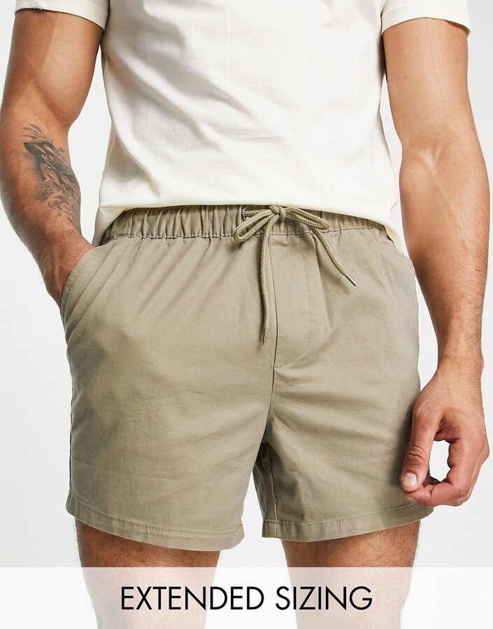 ASOS DESIGN slim chino shorts in shorter length with elasticated waist in  khaki - ShopStyle