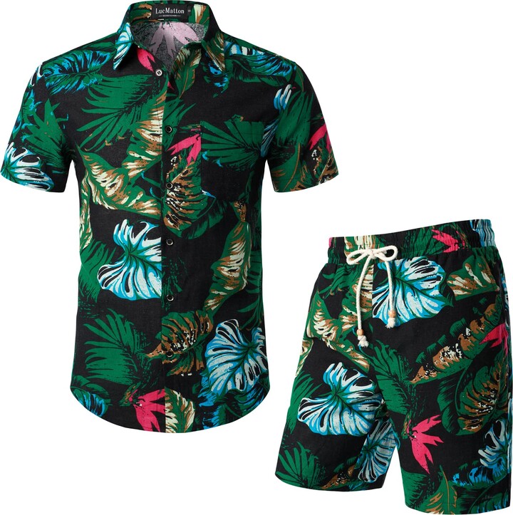 LucMatton Men's 2 Piece Casual Floral Print Outfits Summer Hawaiian ...