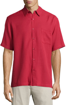 Neiman Marcus Waffle-Knit Short-Sleeve Shirt, Rosewood