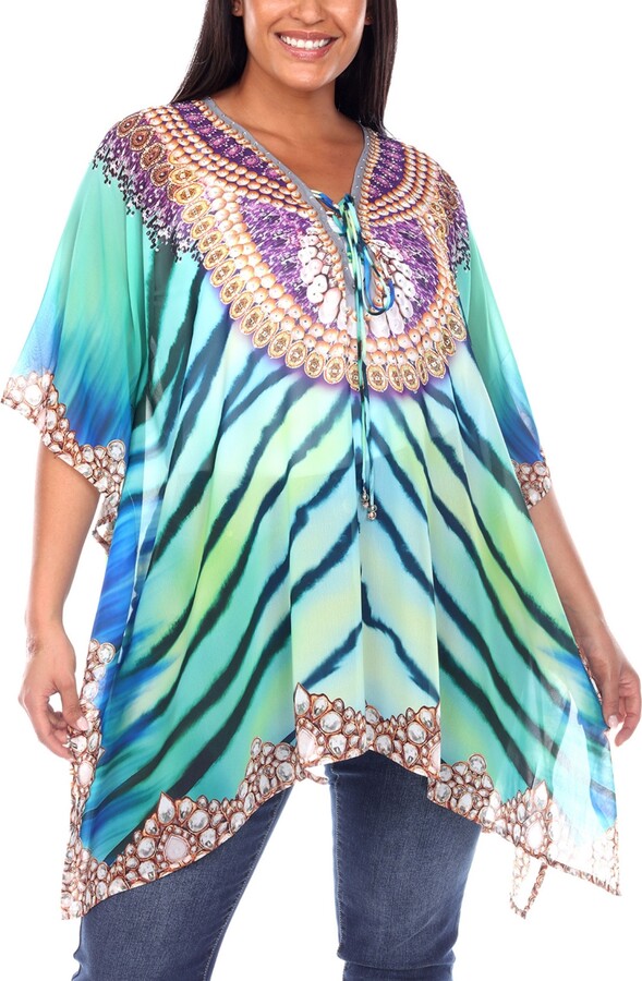 White Mark Plus Size Short Caftan with Tie-Up Neckline