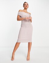Thumbnail for your product : Little Mistress crossover bardot shirred bodycon dress in beige