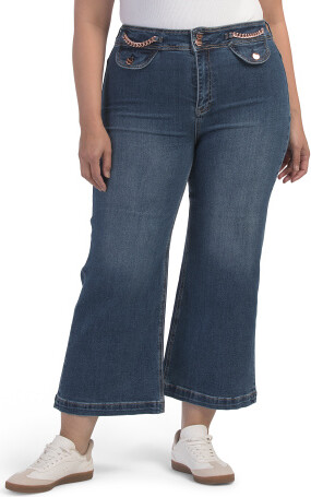 TJMAXX Plus High Rise Cropped Wide Leg Waist Chain Jeans For Women, Spandex/Cotton/Polyester