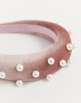 Thumbnail for your product : ASOS DESIGN padded headband in pink velvet with pearl embellishment