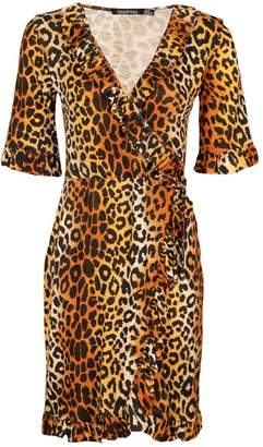 boohoo Tall Leopard Print Ruffle Wrap Dress