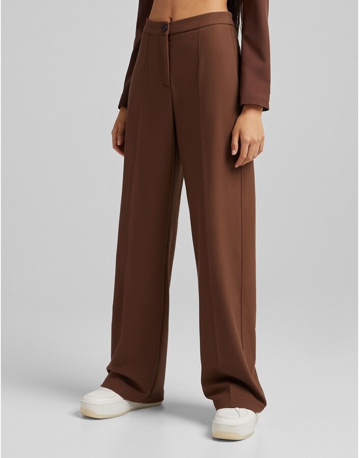 Bershka wide leg slouchy dad tailored pants in brown - ShopStyle