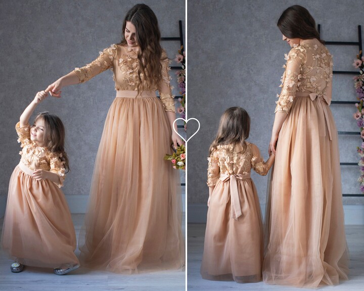 Matching Mother Daughter Gold Dresses Family Look Evening Gowns