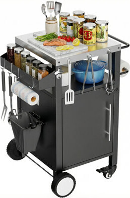 HOMGILT Outdoor Grill Cart with Patio Furniture Outdoor Grill Table with StorageRolling Bar Cart Outdoor BBQ Cart with Hooks and Spice Rack for Grilling Acc
