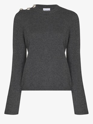 Ganni Grey Crystal Buttoned Cashmere Sweater