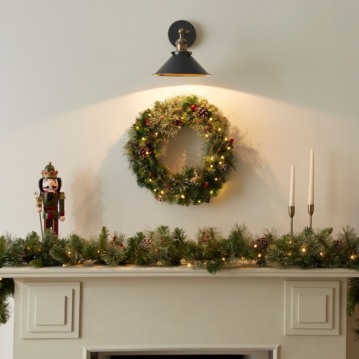 Dunelm Artificial Pre Lit Cone and Berry Wreath and Garland Green