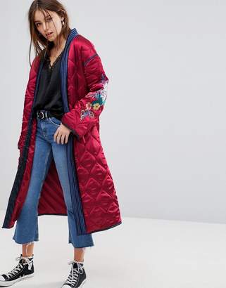 Glamorous Premium Wrap Jacket In Quilted Satin With Floral Embroidery