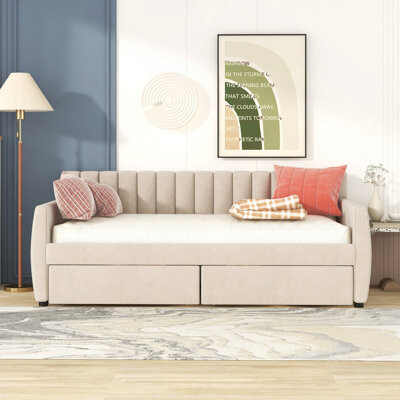 Upholstered Daybed With Drawers, Wood Slat Support