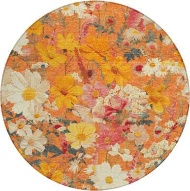 Bungalow Rose 8' Orange Peach And Salmon Round Floral Washable Indoor Outdoor Area Rug