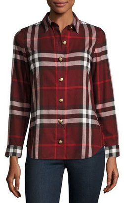 Burberry Long-Sleeve Button-Front Check-Flannel Shirt, Red