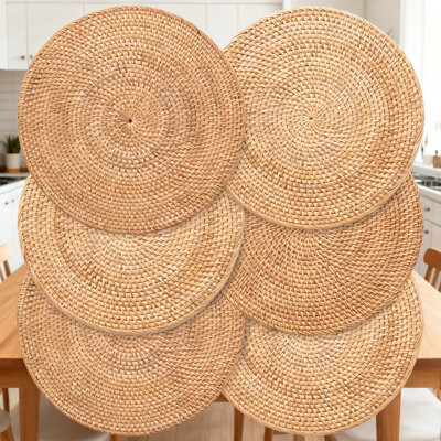 East Urban Home Natural Rattan Placemats Set Of 6 13-Inch Round Woven Wicker Charger Plates For Dining Table Boho Kitchen And Table Decor