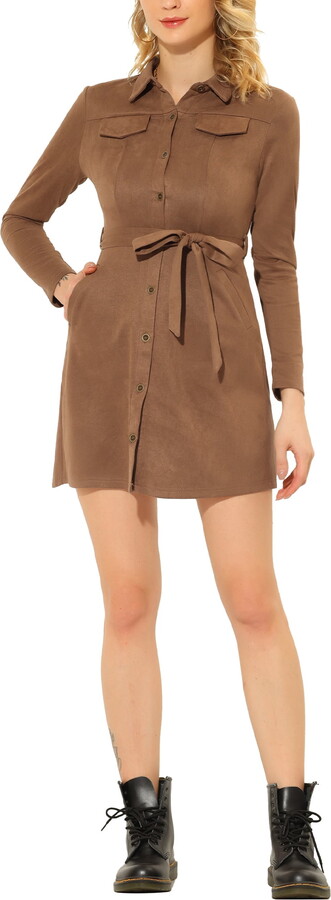 Unique Bargains Women’s Faux Suede Lapel Tie Belted Shirt Dress Brown S