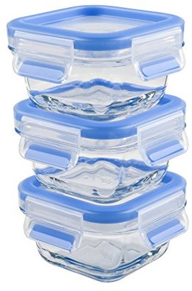 Emsa 515988 Clip & Close set of 3 glass baby food storage boxes with plastic lids, volume 0.2 litres, transparent/blue