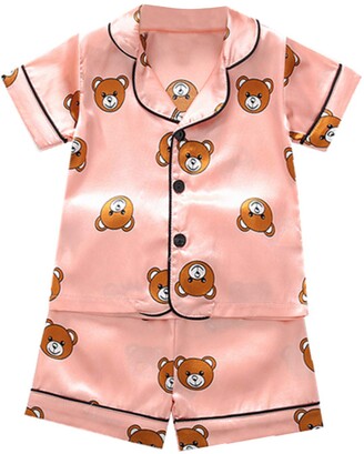 inlzdz Children Baby Boys Girls Satin Silk Pajamas Outfits Sleepwear Short Sleeves Button-Down Sleepsuit Nightwear 2pcs Pjs Set 