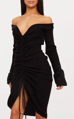 PrettyLittleThing Black Ruched Knit Extreme Sleeve Midi Dress
