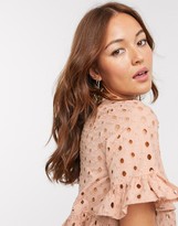 Thumbnail for your product : ASOS DESIGN broderie smock top with fluted sleeve in mink
