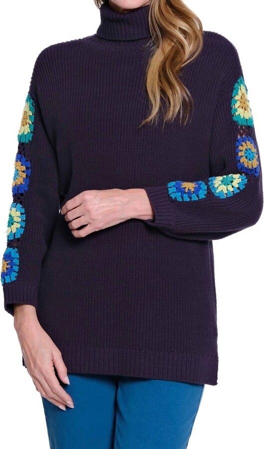 Multiples 3/4 Sleeve Solid Knit Mock Neck Sweater In Midnight