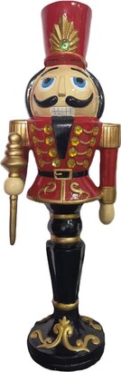 Christmas Time Resin Nutcracker Soldier Holding a Staff on a Pedestal 36 Inch Tall Christmas Decoration Figurine | with Built-in LED Lights | CT-RS036NC1-RD1
