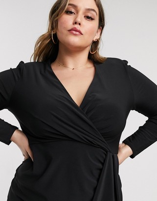 New Look Plus New Look Curve long sleeve ruffle front dress in black