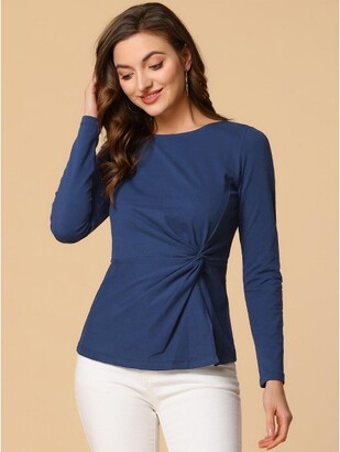 Allegra K Women' Comfort Round Neck Twit Front Long Sleeve Bloue Baic Top Navy Blue Medium