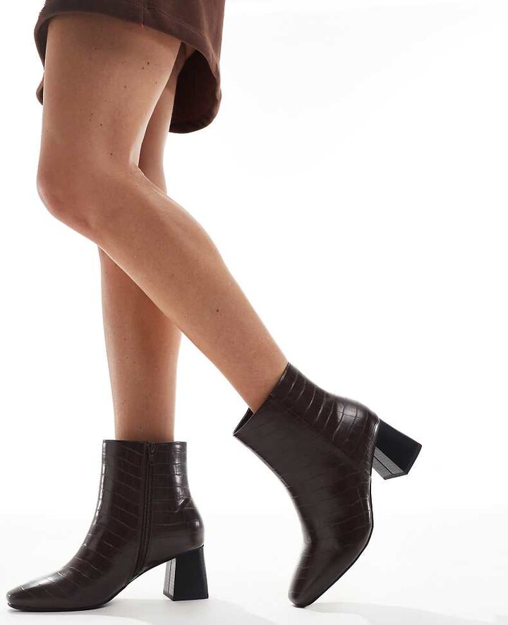 London Rebel Wide Fit Nova mid ankle boots in brown croc