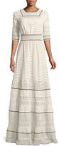 Thumbnail for your product : Talitha Collection Elbow-Sleeve Eyelet Lace-Inset A-Line Long Dress