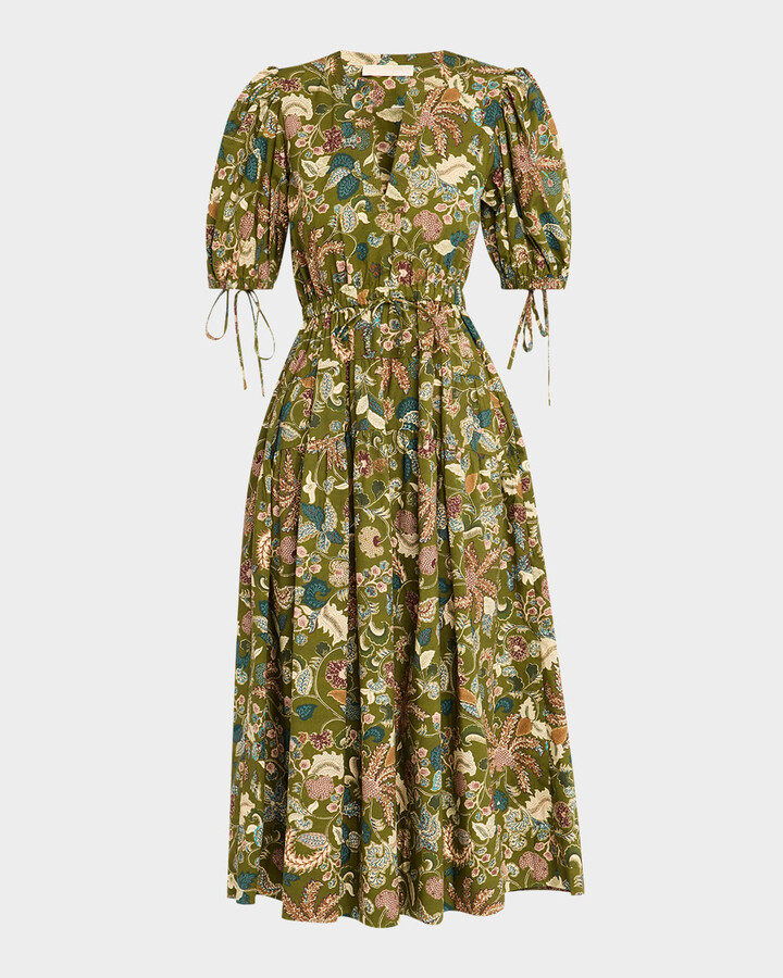 Ulla Johnson Adriana Puff-Sleeve V-Neck Midi Dress