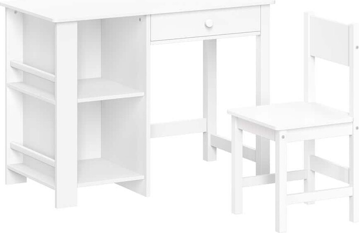 2-Piece White Kids Desk and Chair Playroom Set with 2-Art Storage Cubbies and 2-Side Bookshelves