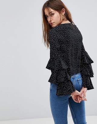 Glamorous Petite Top With Ruffle Layer Sleeves In Spot