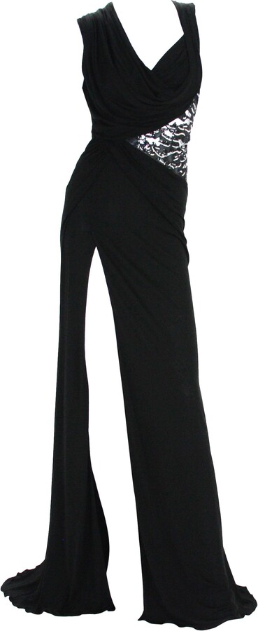 Versace New Black Jersey Leather Beads Embellished High Slit Dress Gown 40 Us 6