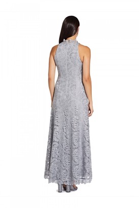 Adrianna Papell Metallic Lace Gown In Silver