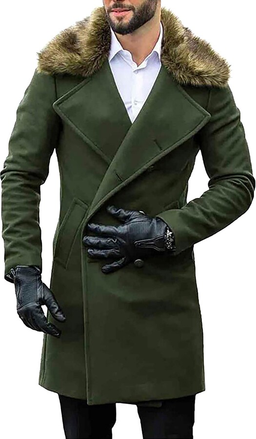 AOGOTO Men's Winter Trench Overcoat Faux Fur Collar Top Coat